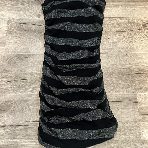 Express Black and Shiny Gray Striped Women's Strapless Mini Dress - Picture 1 of 6